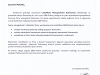 Zdjęcie listu gratulacyjnego za nadanie Certyfikatu Wiarygodności Biznesowej za wysoki poziom rentowności, zdolności i płynności finansowych od D&B Poland. 2010